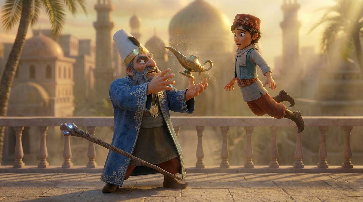 3D AI animated old man offering a glowing golden lamp to a flying boy in a desert city by Inspirious Design