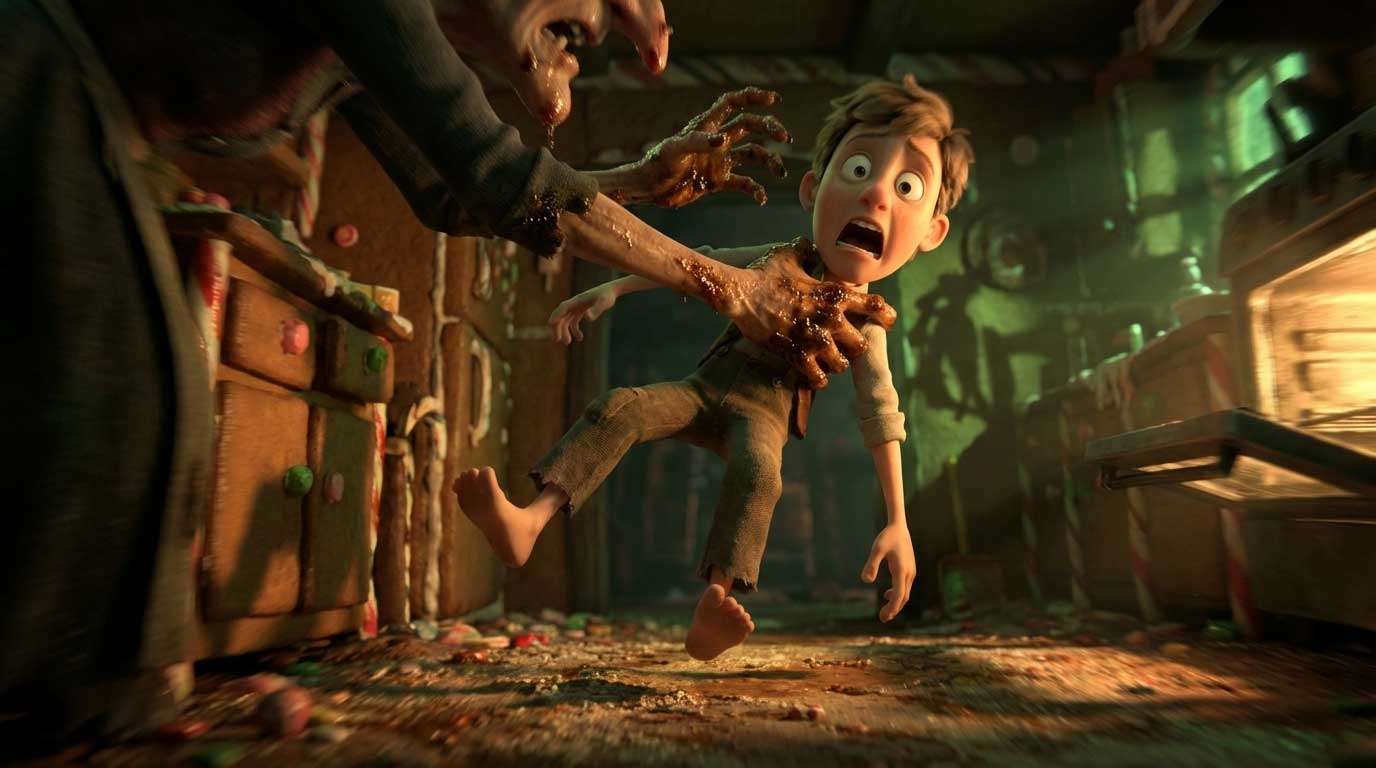 3D AI animated terrifying witch hands grabbing a screaming Hansel in a candy kitchen by Inspirious Design