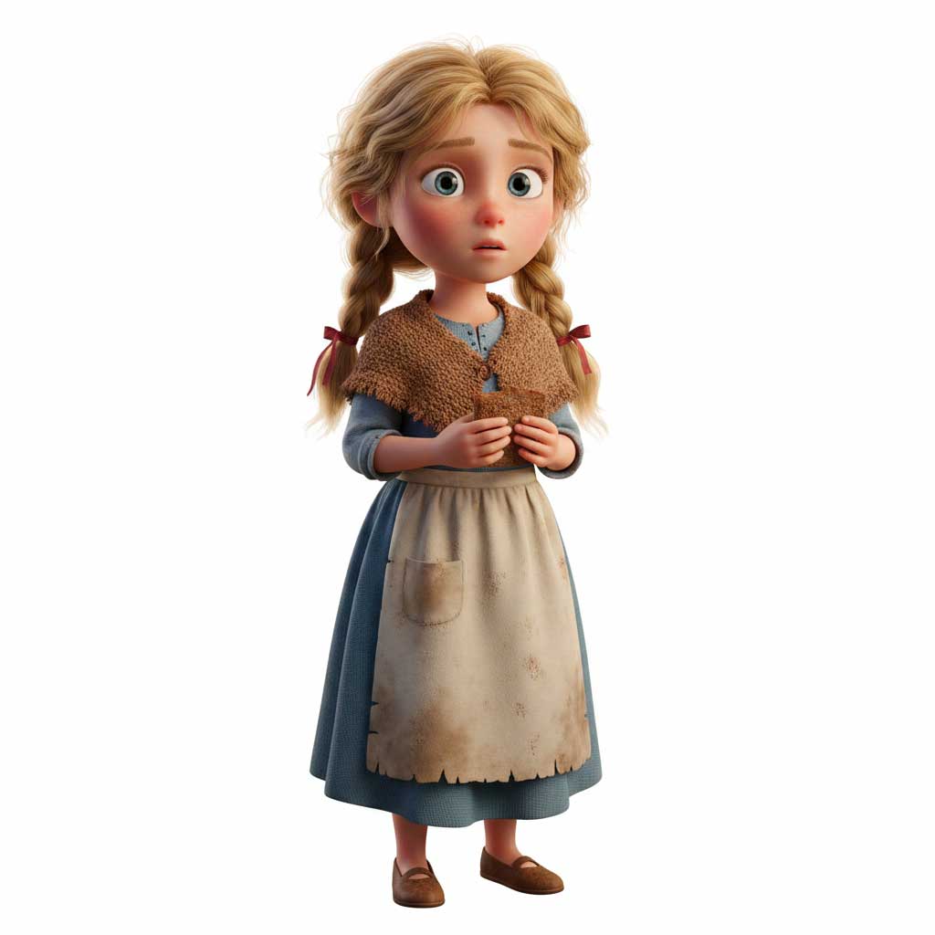 3D AI character design of Gretel, a young girl with blonde braids, a blue dress, and a dusty apron by Inspirious Design
