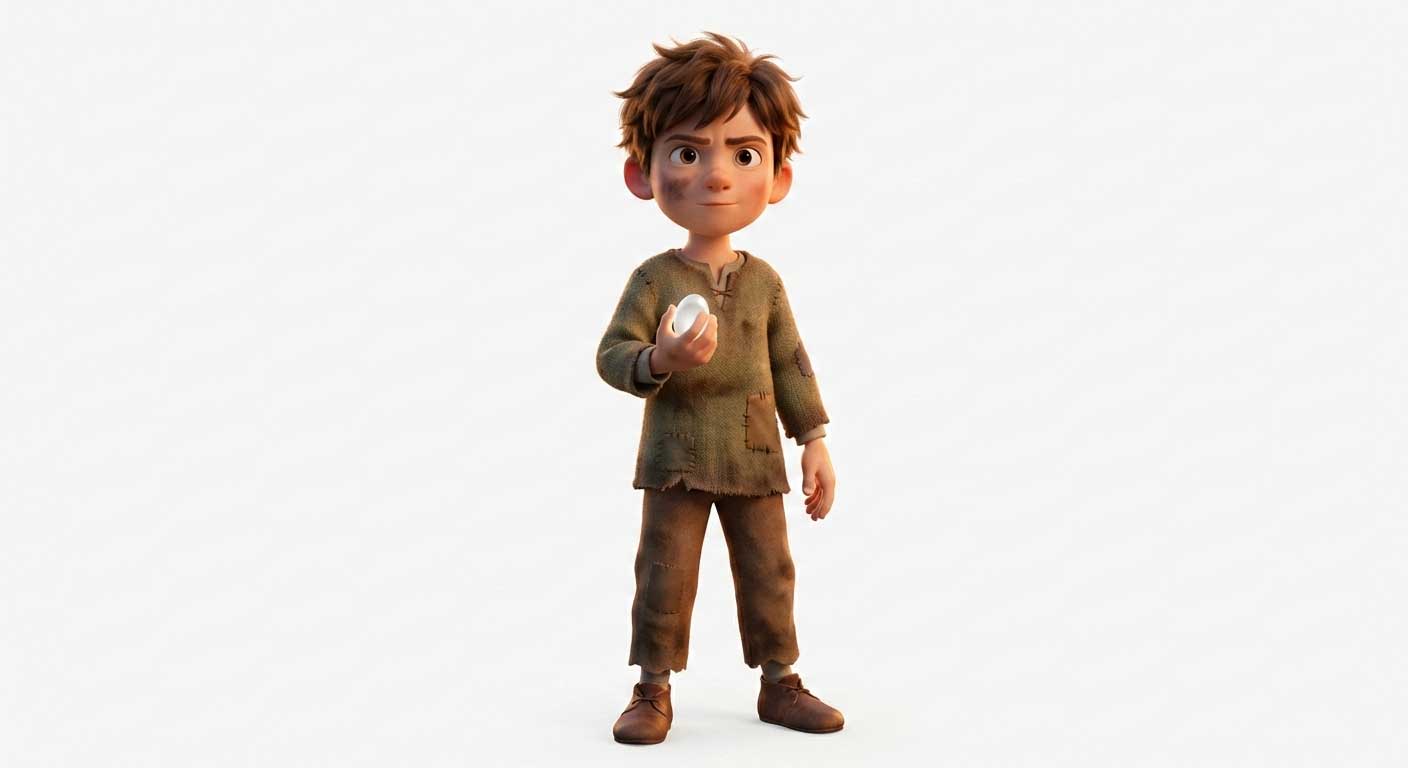 3D AI character design of Hansel, a young boy in ragged clothes holding a white pebble by Inspirious Design