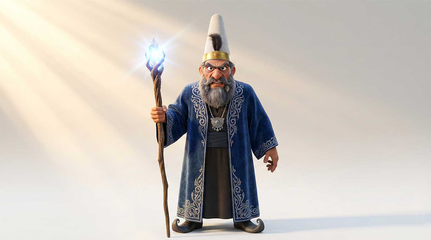 3D AI character design of an evil sorcerer with a grey beard, blue robes, and a glowing magical staff by Inspirious Design