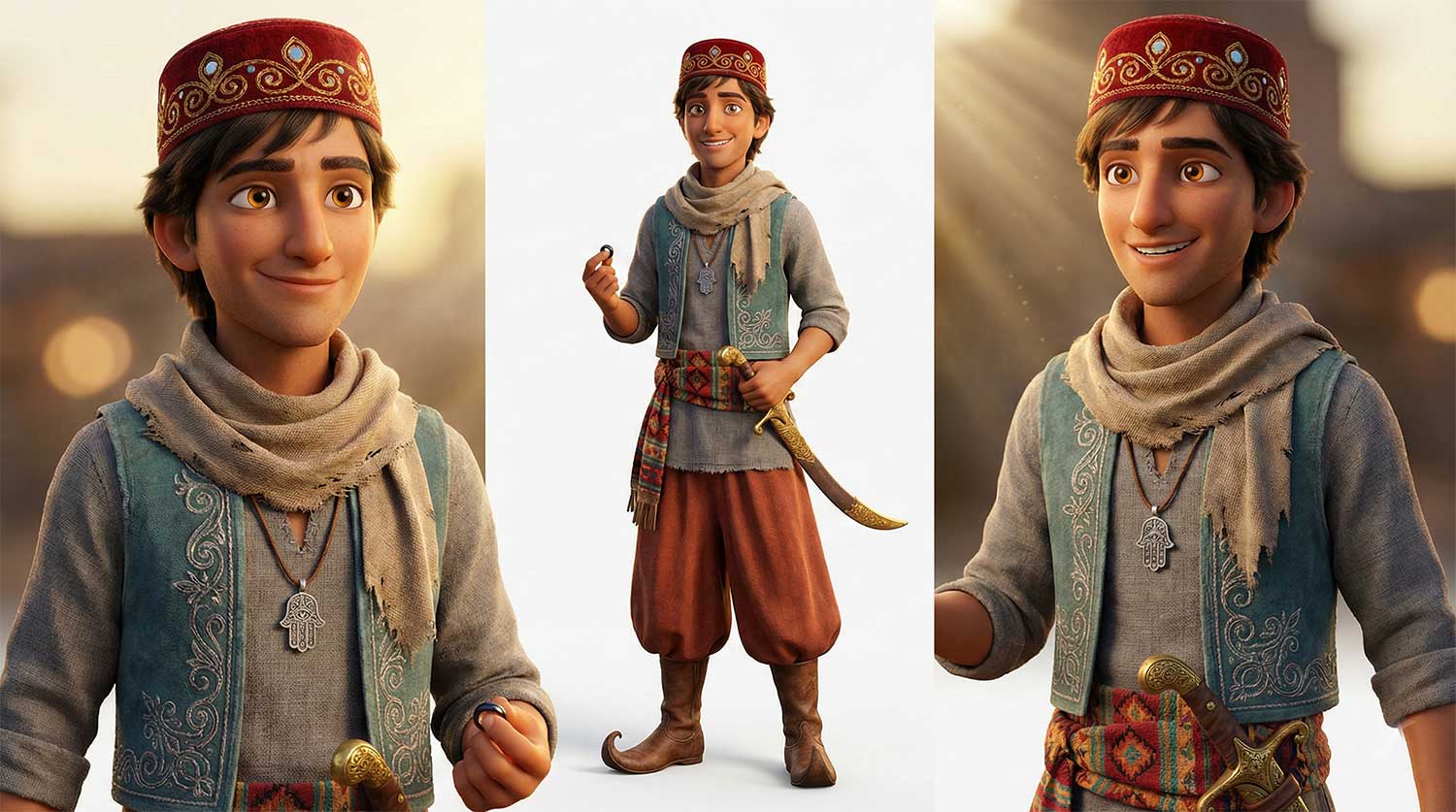 3D AI character design of a brave young hero wearing a red fez, blue vest, and holding a magic ring by Inspirious Design