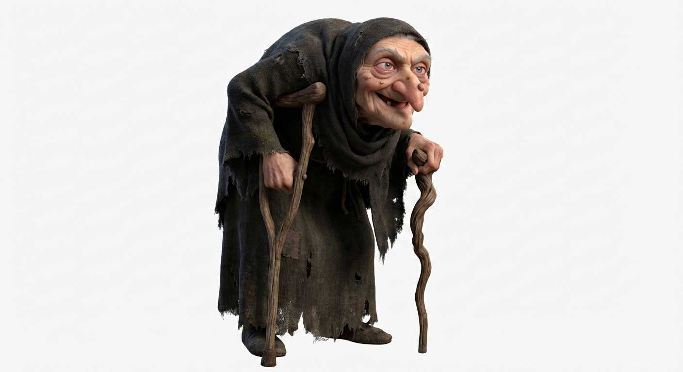 3D AI character design of a terrifying old witch with a prominent nose leaning on a gnarly cane by Inspirious Design