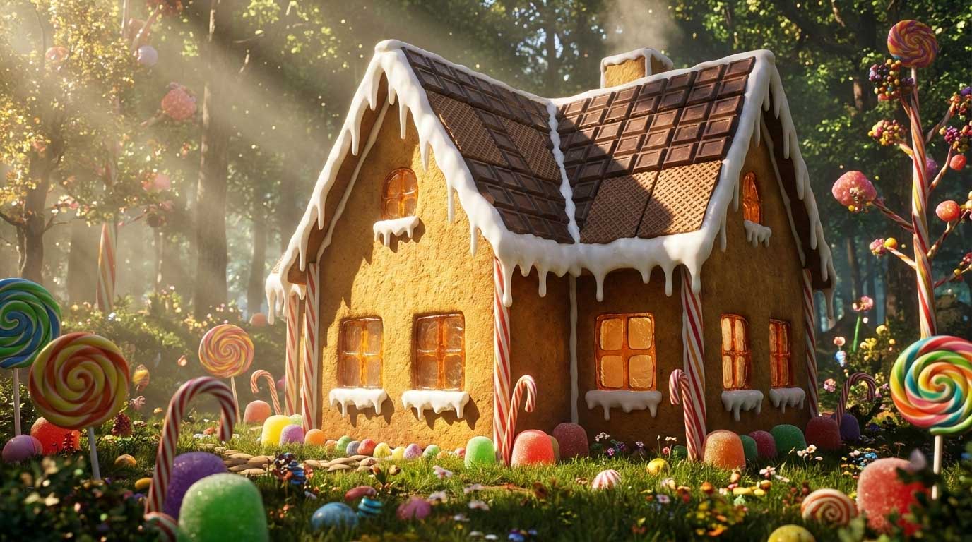 3D AI animated hyper-realistic gingerbread house with candy canes in a sunlit forest by Inspirious Design