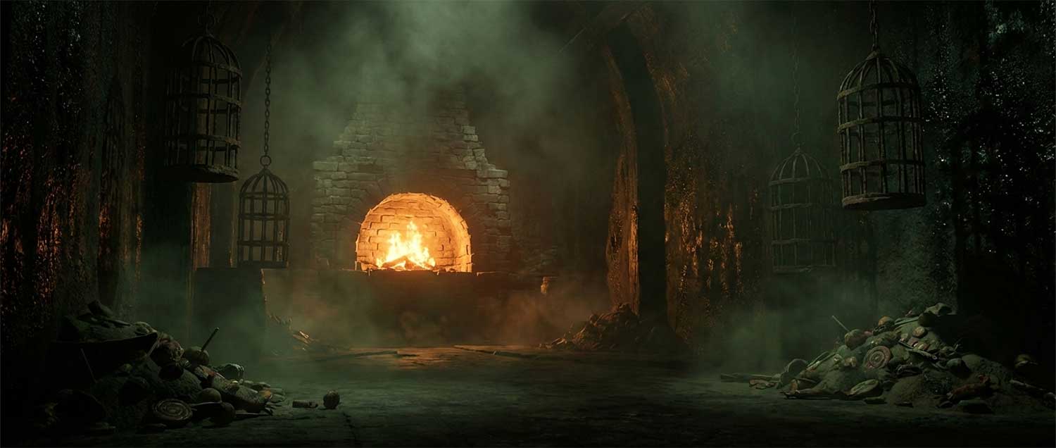 AI generated dark sinister dungeon kitchen with a roaring brick oven and hanging iron cages by Inspirious Design