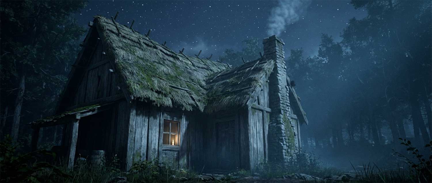 3D AI animated rustic woodcutter's cottage in a dark moonlit forest by Inspirious Design