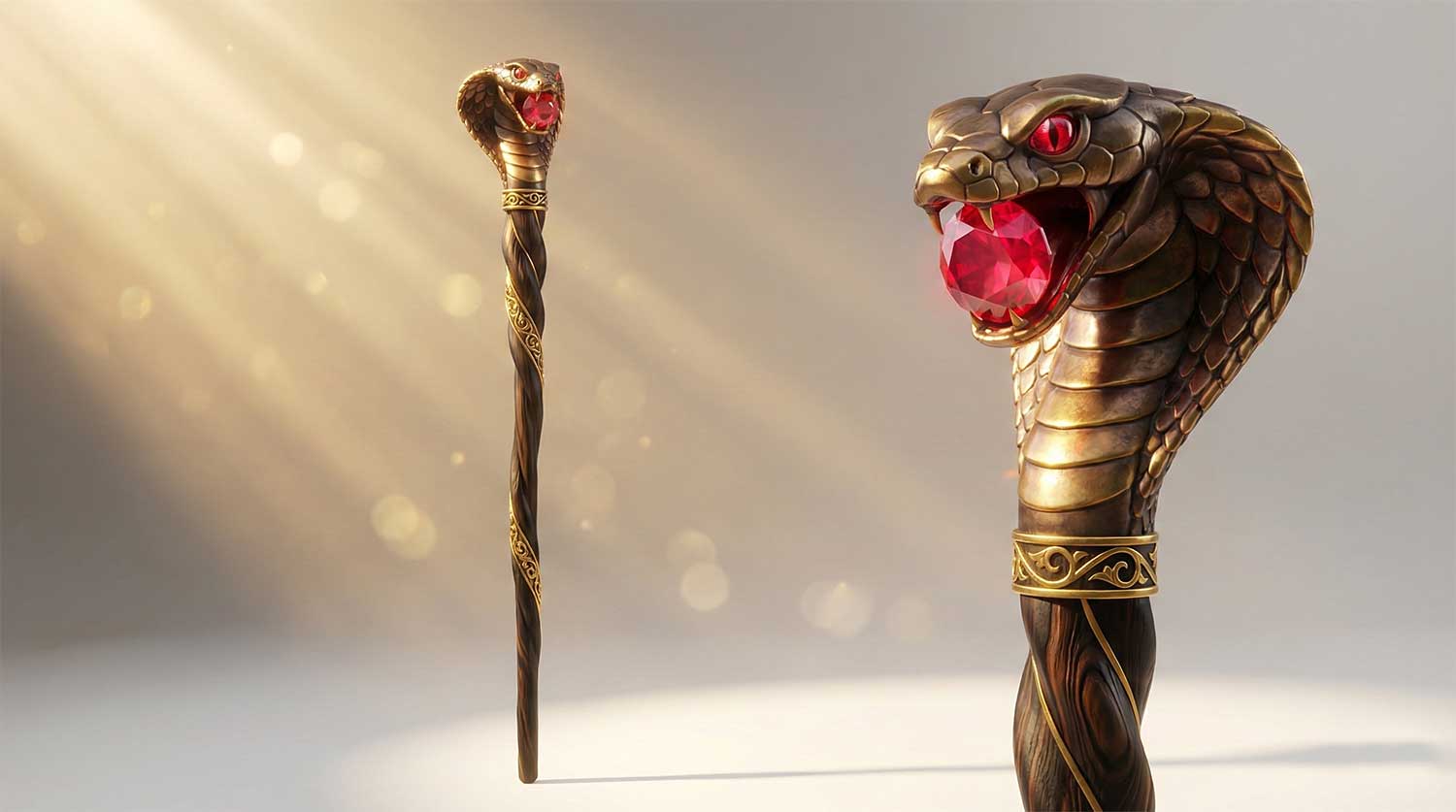 3D AI animated golden cobra staff with a glowing red jewel in its mouth by Inspirious Design
