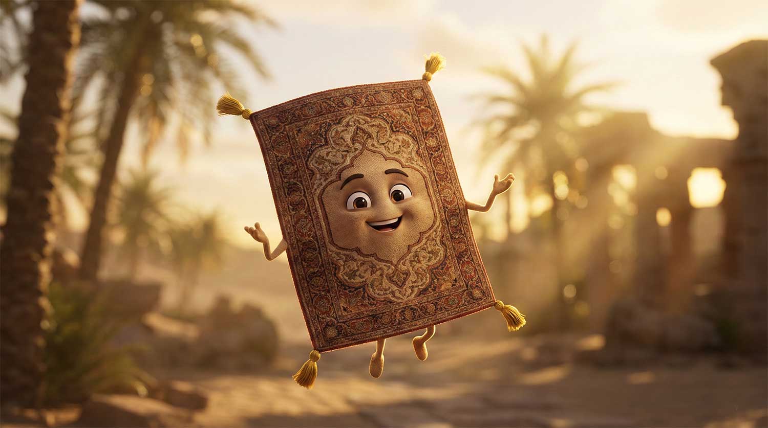 3D AI animated flying magic carpet with a friendly face and golden tassels by Inspirious Design