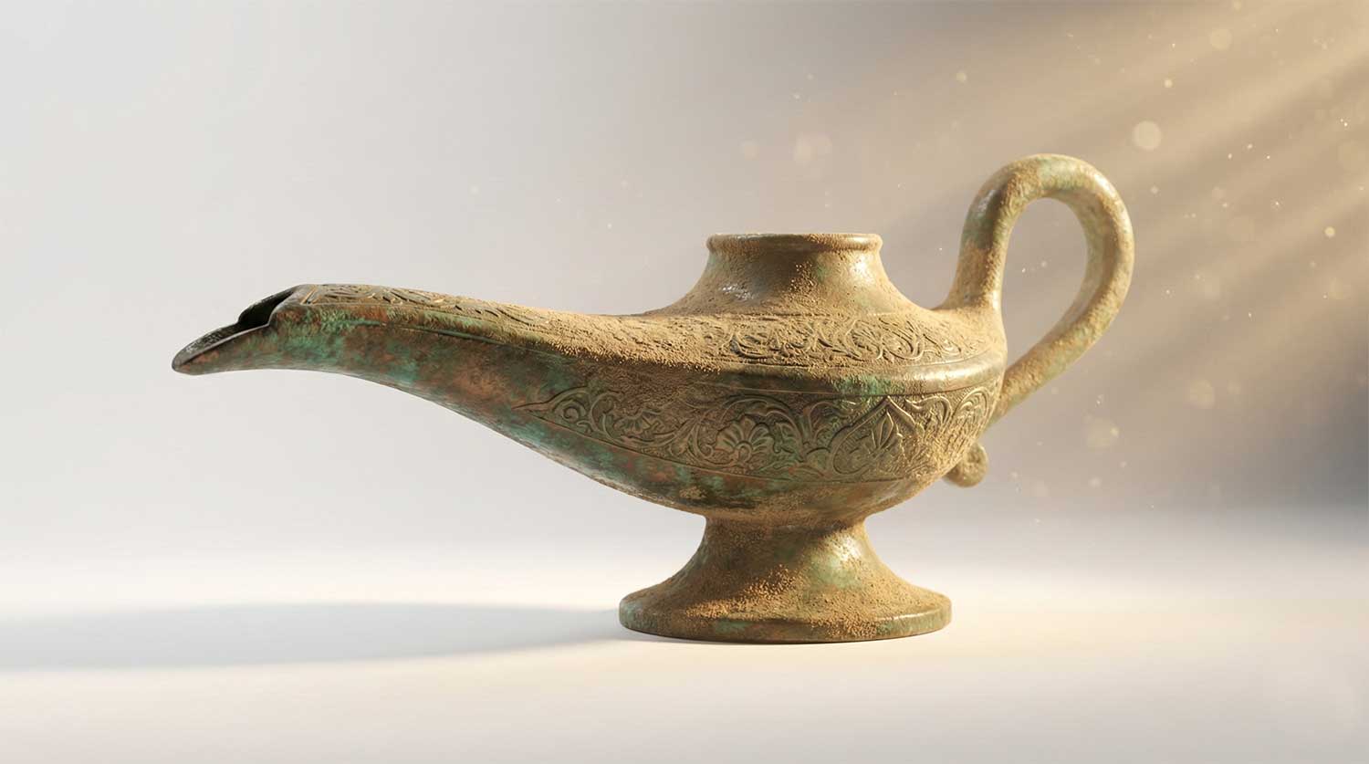 3D AI animated ancient, weathered bronze magic lamp covered in sand by Inspirious Design