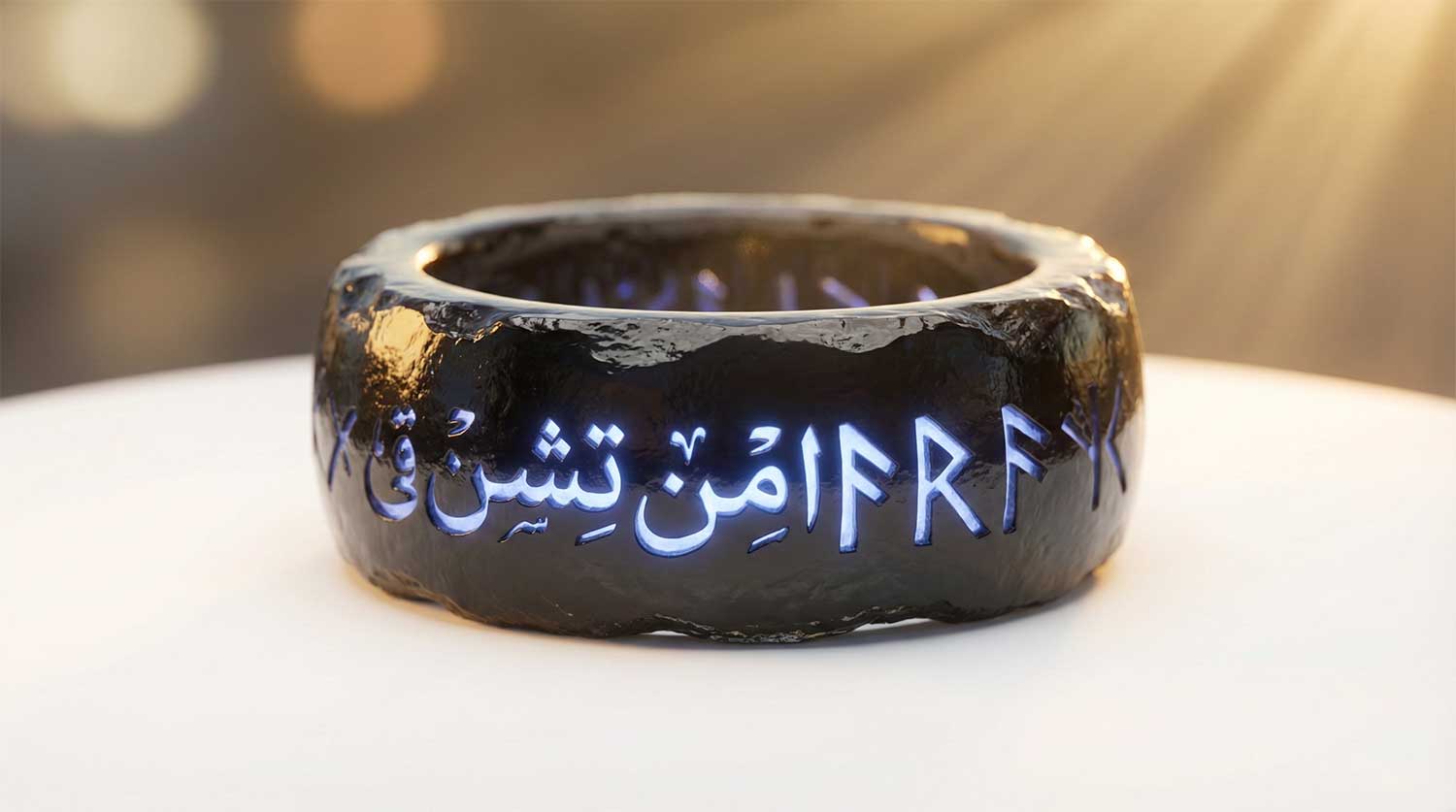 3D AI animated thick black obsidian ring with glowing blue arcane runes by Inspirious Design