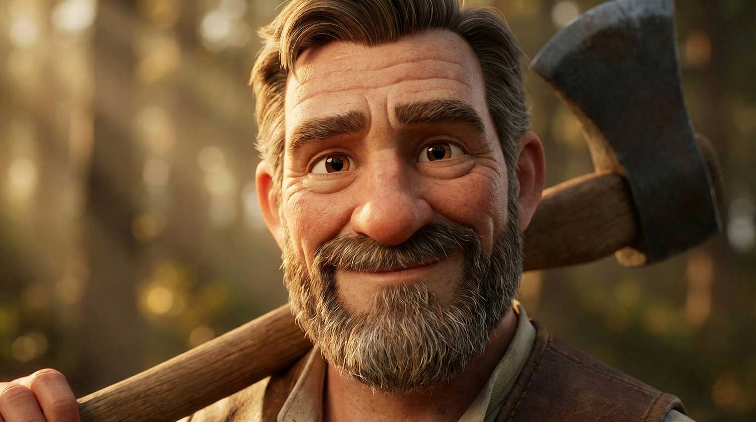 3D AI character design of a gentle bearded woodcutter by Inspirious Design