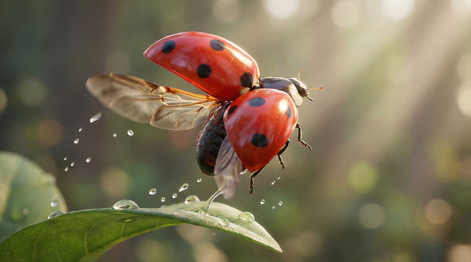 3D AI animated macro shot of a ladybug taking off from a green leaf scattering water droplets by Inspirious Design