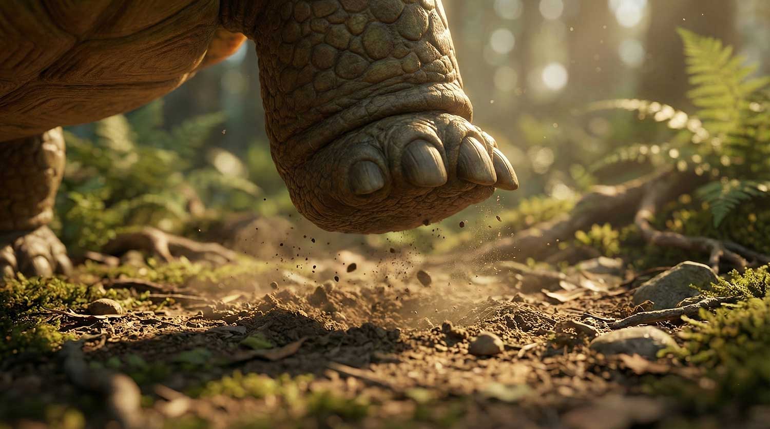 3D AI animated macro shot of a tortoise's large scaly foot stepping down and kicking up dirt by Inspirious Design