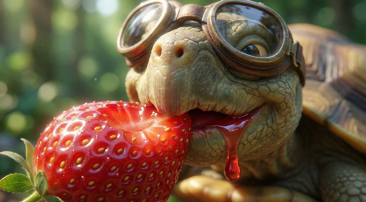 3D AI animated tortoise wearing goggles taking a bite of a giant juicy red strawberry by Inspirious Design