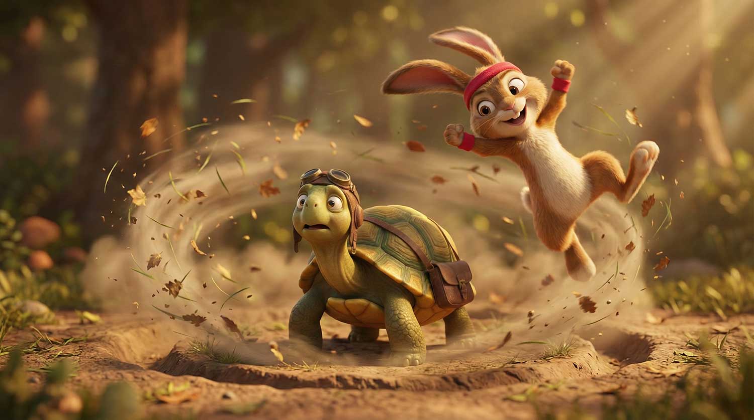 3D AI animated hare leaping playfully in circles around a confused looking tortoise by Inspirious Design