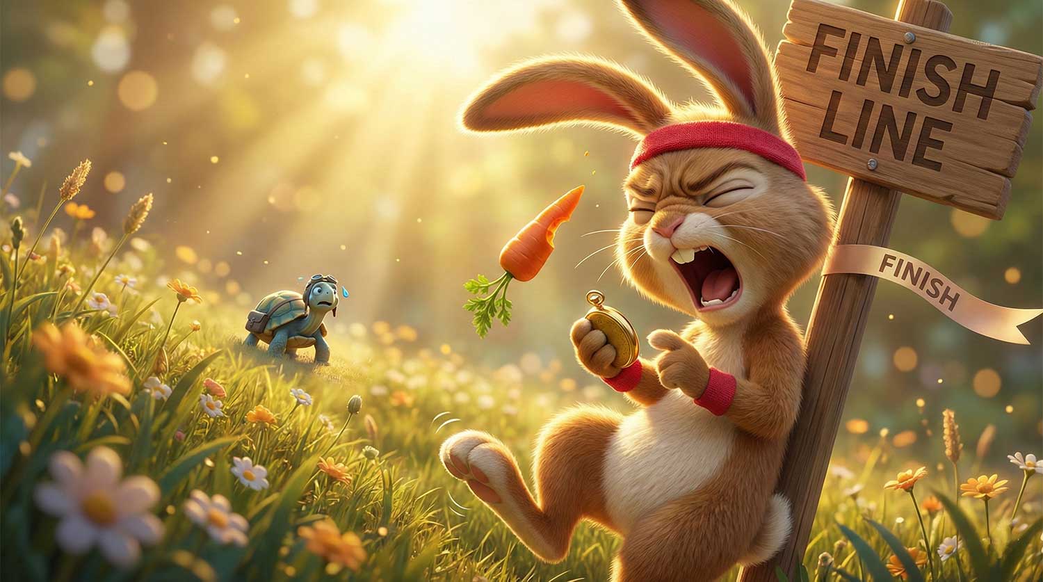 3D AI animated hare holding a stopwatch and a carrot acting cocky at the finish line while the tortoise approaches by Inspirious Design