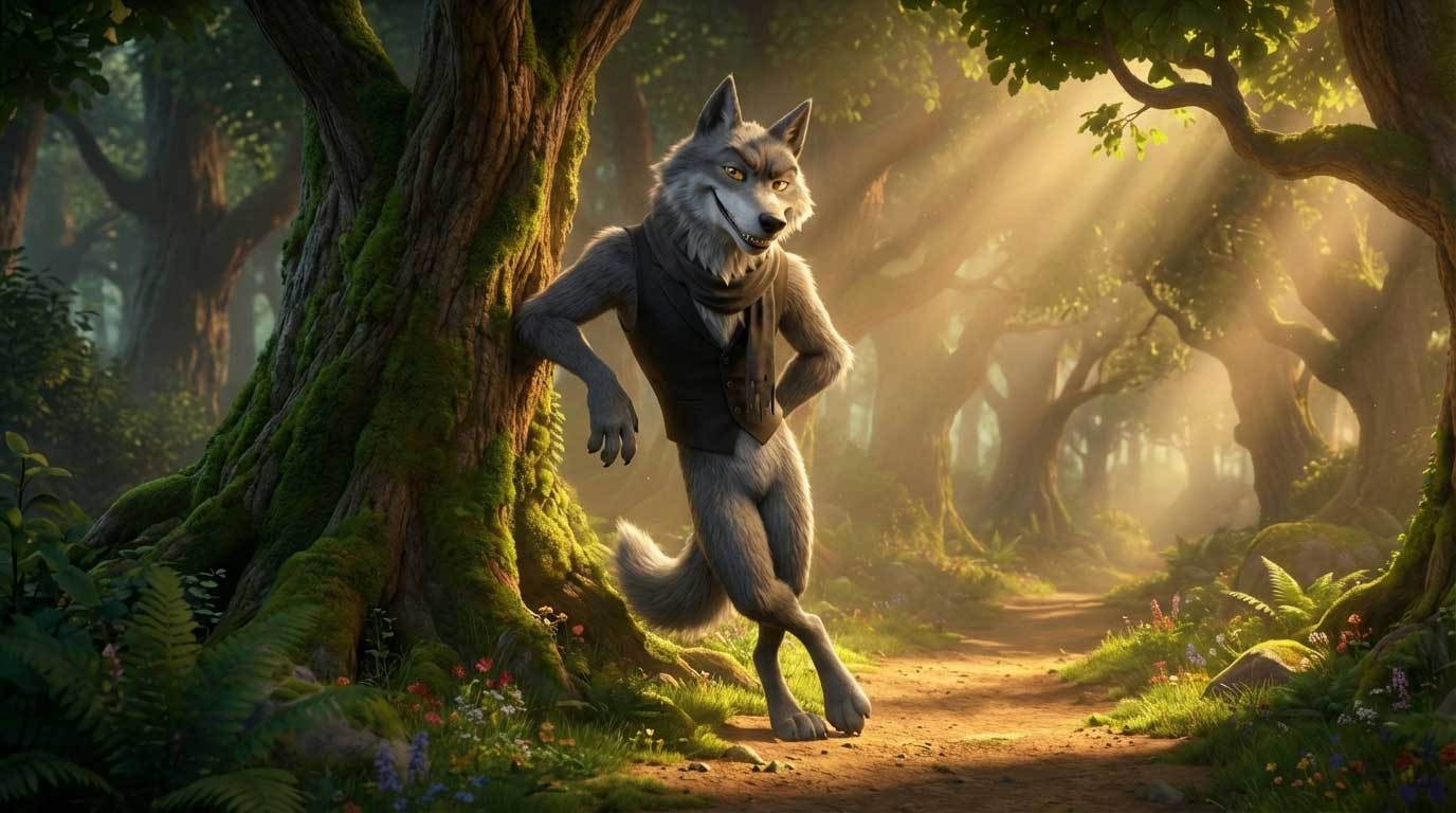 3D AI animated charismatic grey wolf in a black vest leaning against a sunlit tree by Inspirious Design
