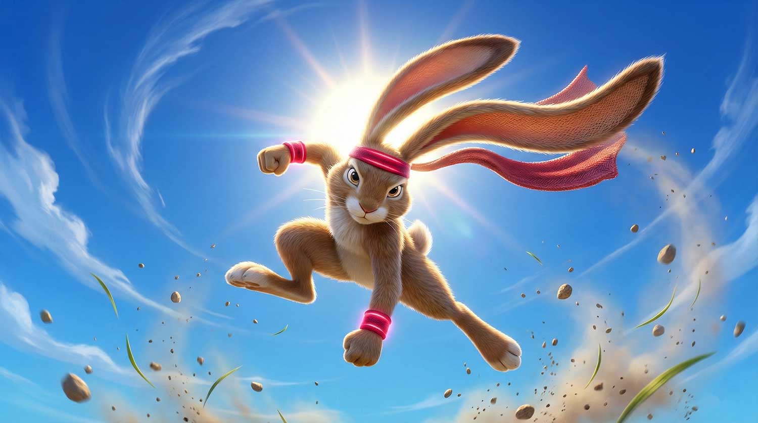 3D AI animated hare doing a dramatic ninja-style mid-air jump against a blue sky by Inspirious Design