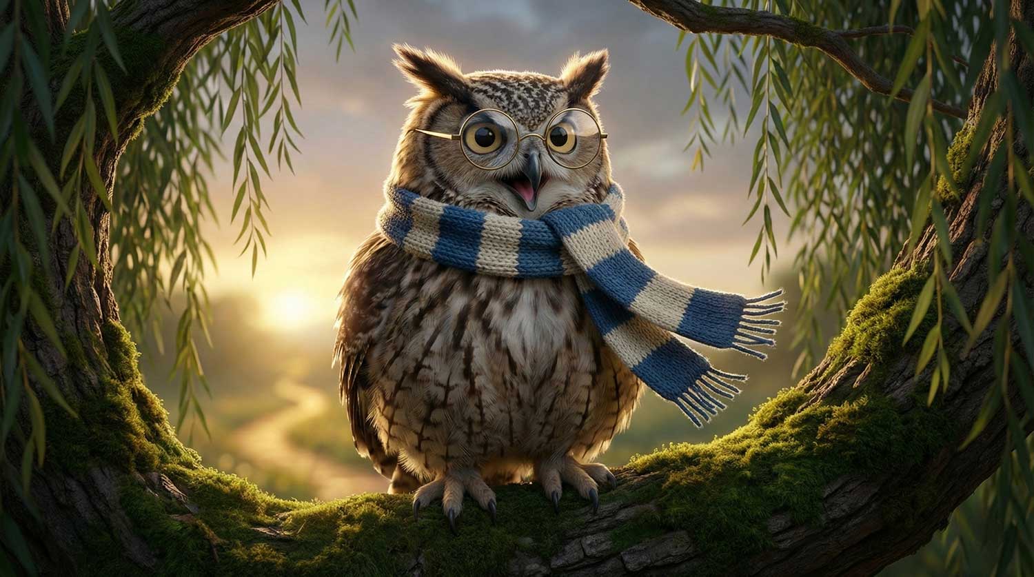 3D AI animated cute fluffy owl with glasses and a scarf looking surprised on a branch by Inspirious Design