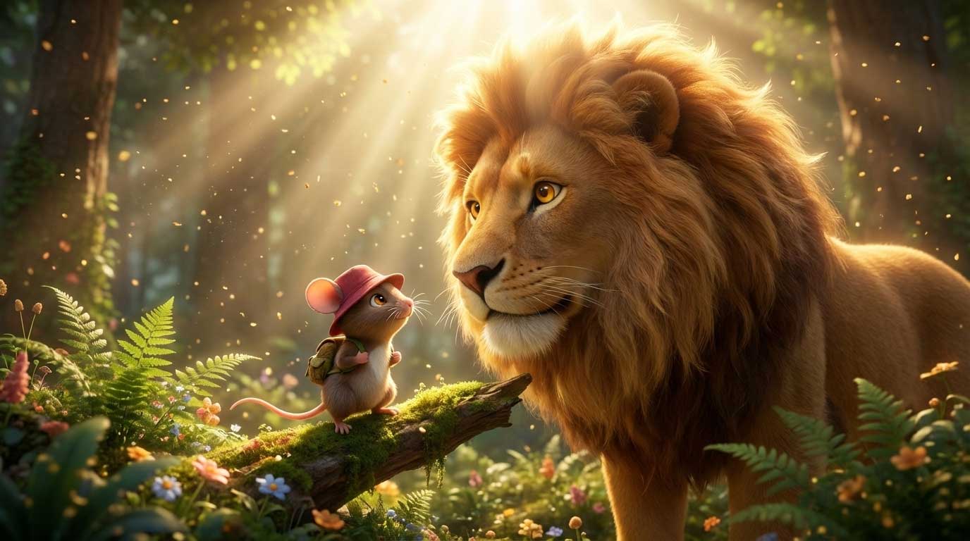 3D AI animated majestic lion looking gently at a tiny mouse sitting on a log by Inspirious Design