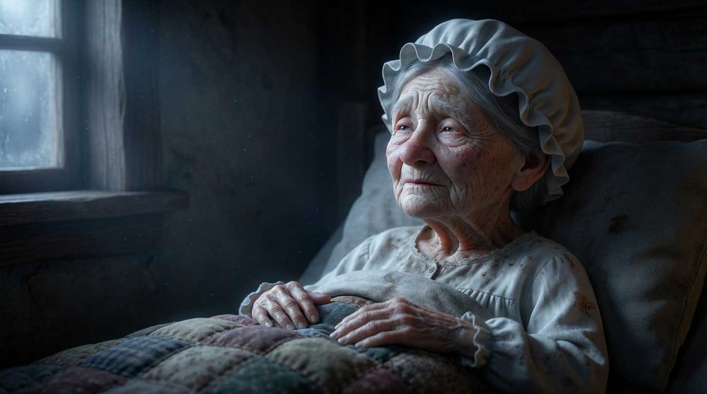 3D AI animated frail grandmother in a white bonnet lying in a dimly lit bed by Inspirious Design