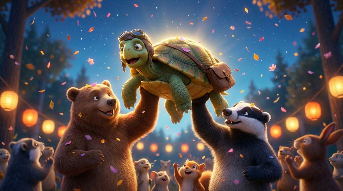 3D AI animated bear and badger lifting a smiling tortoise in victory under glowing lanterns by Inspirious Design