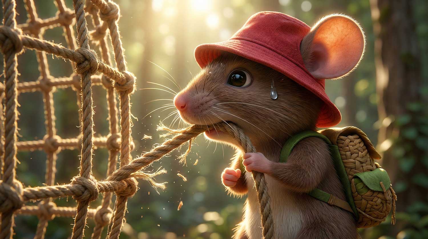 3D AI animated mouse aggressively chewing through a thick rope net in the forest by Inspirious Design