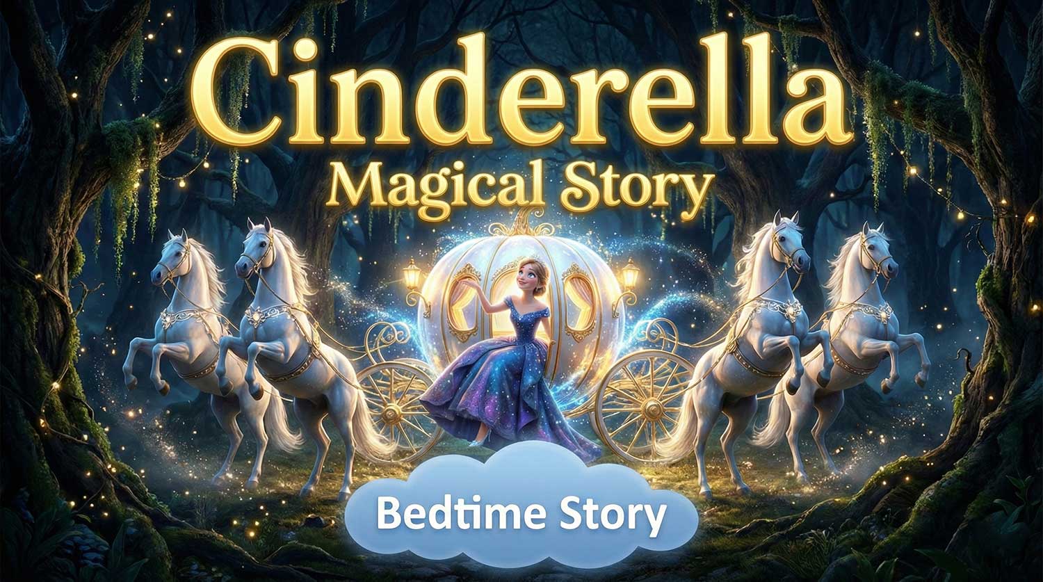 Cinderella YouTube thumbnail featuring magical glowing pumpkin carriage and white horses by Inspirious Design
