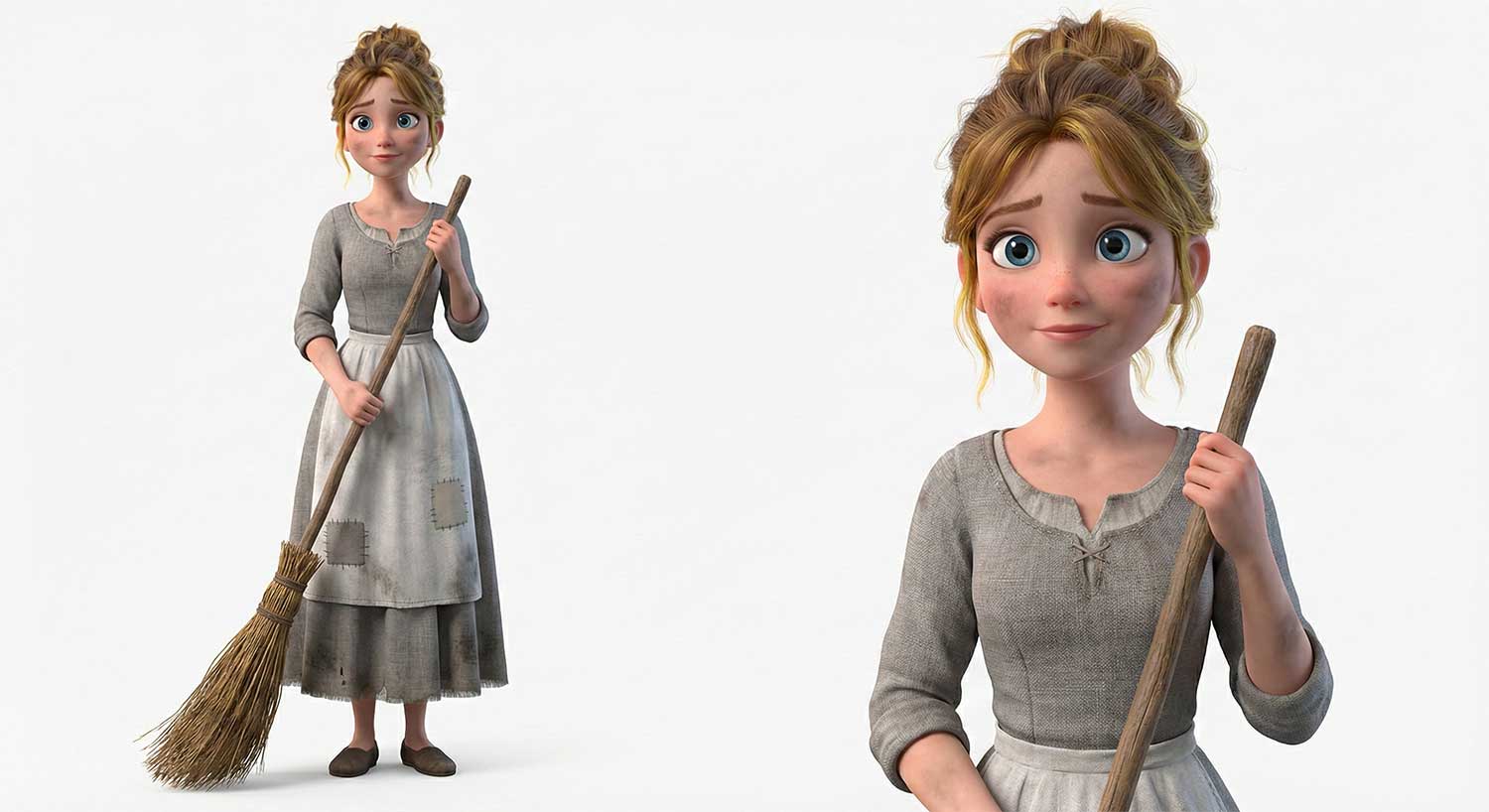 3D AI character design of Cinderella in simple peasant dress holding a broom by Inspirious Design