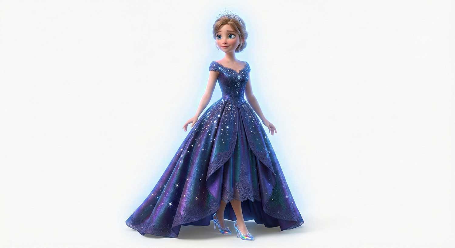 3D AI character design of Cinderella in a starry blue gown and tiara by Inspirious Design