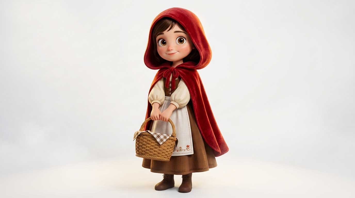 3D AI character design of a cute little girl with big brown eyes wearing a red velvet hooded cape and holding a basket by Inspirious Design