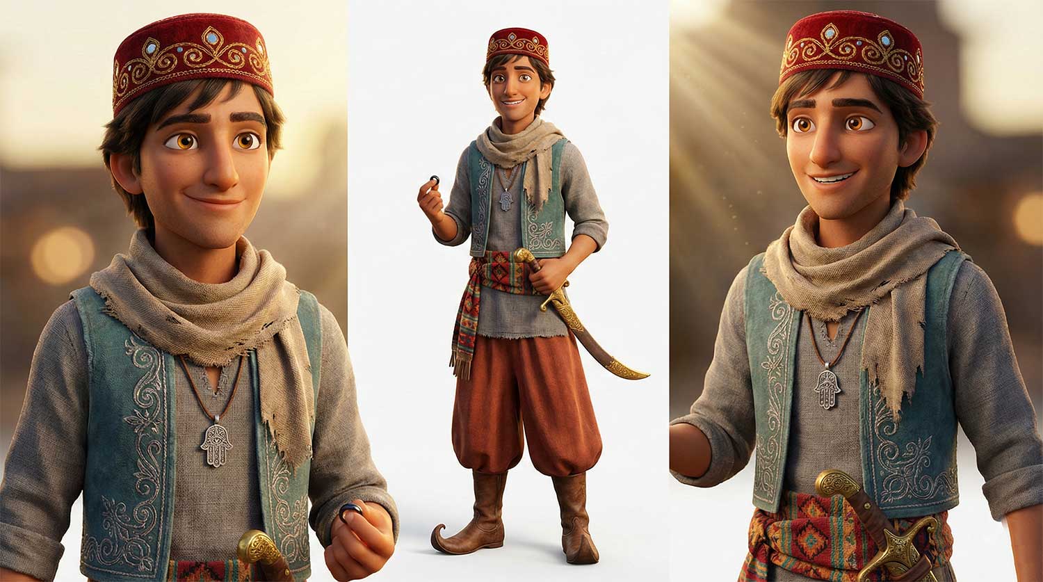 3D AI character design of Aladdin holding a magic ring by Inspirious Design
