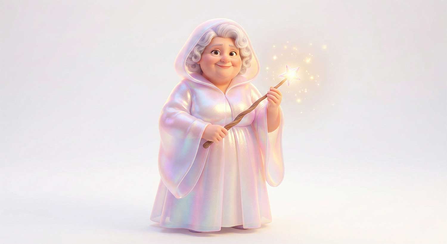 Ethereal 3D AI Fairy Godmother character design with glowing wand by Inspirious Design