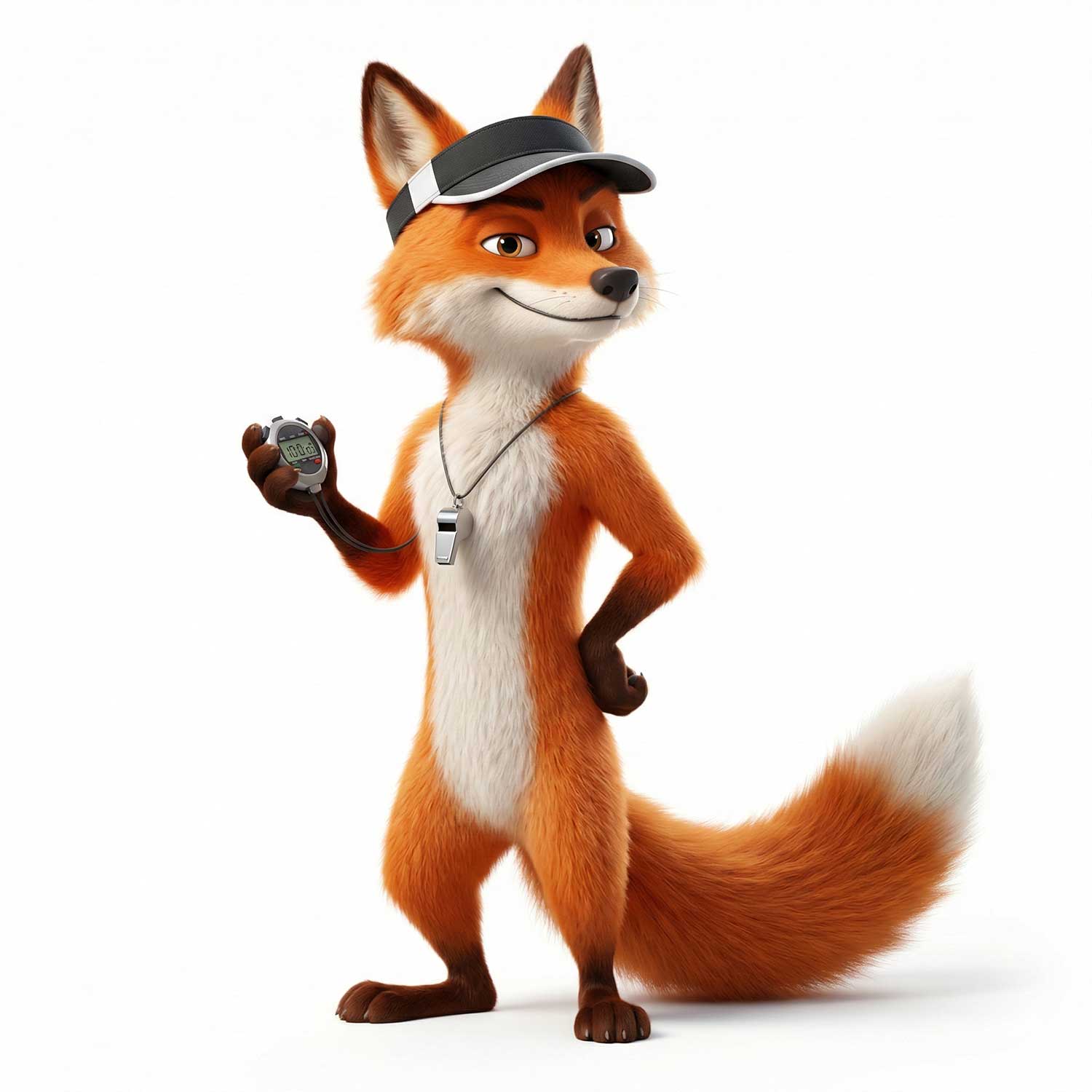 3D AI character design of a smiling orange fox wearing a black visor and holding a stopwatch by Inspirious Design