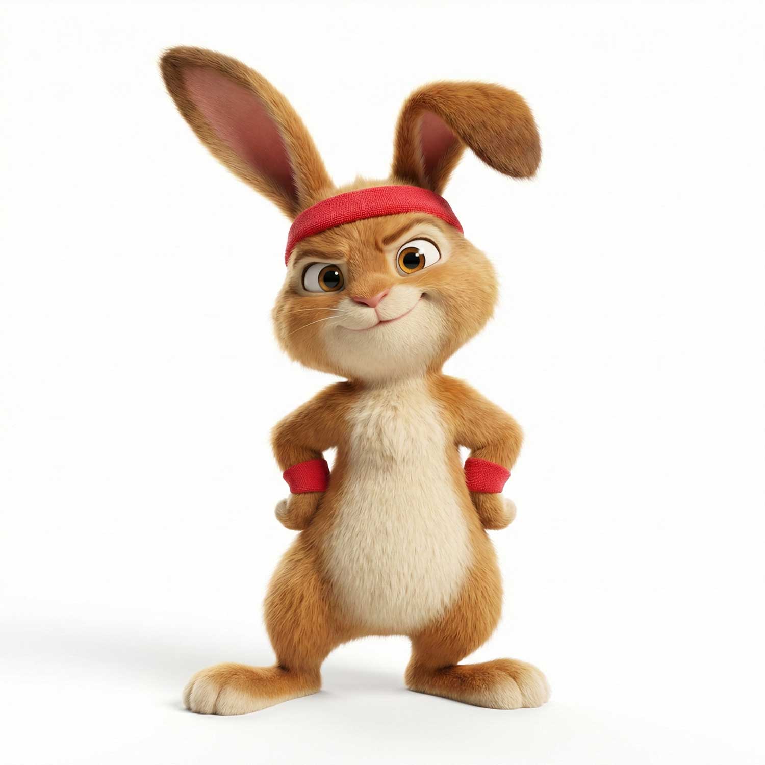 3D AI character design of a confident brown hare wearing a red sports headband and wristbands by Inspirious Design