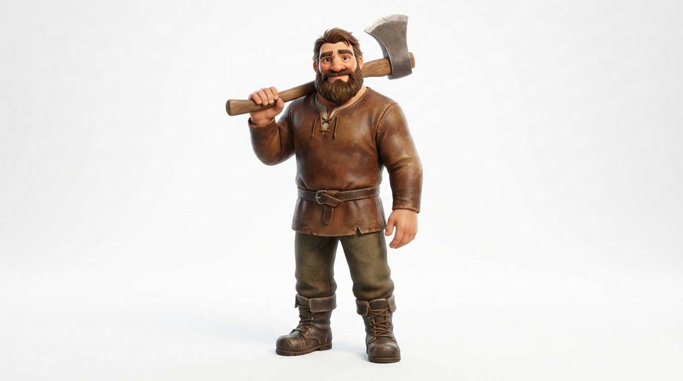 3D AI character design of a burly huntsman with a thick brown beard holding a large iron axe over his shoulder by Inspirious Design