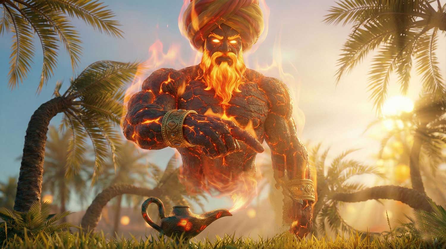 Fearsome 3D AI molten Fire Genie character design by Inspirious Design