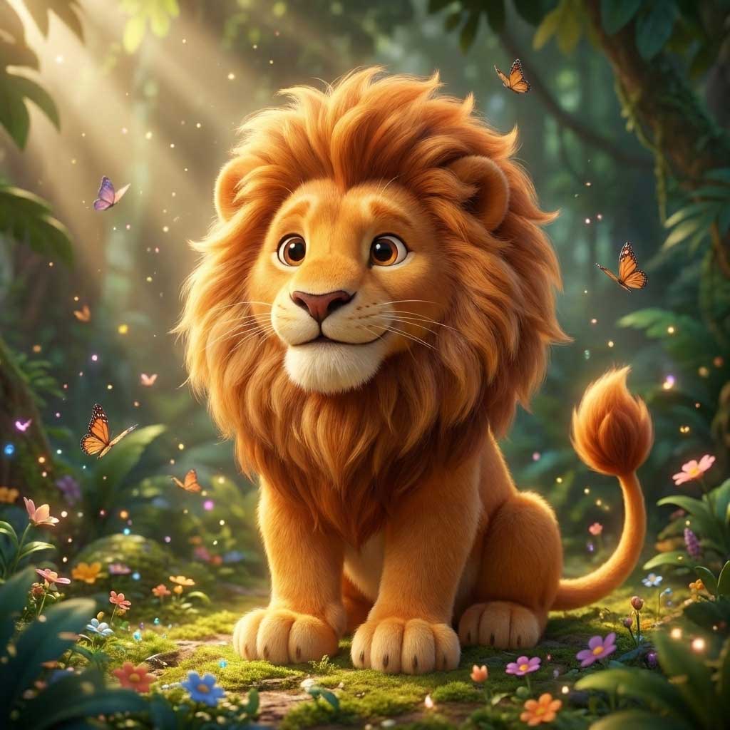 3D AI character design of a majestic, smiling lion with a golden mane sitting in a sunlit jungle by Inspirious Design