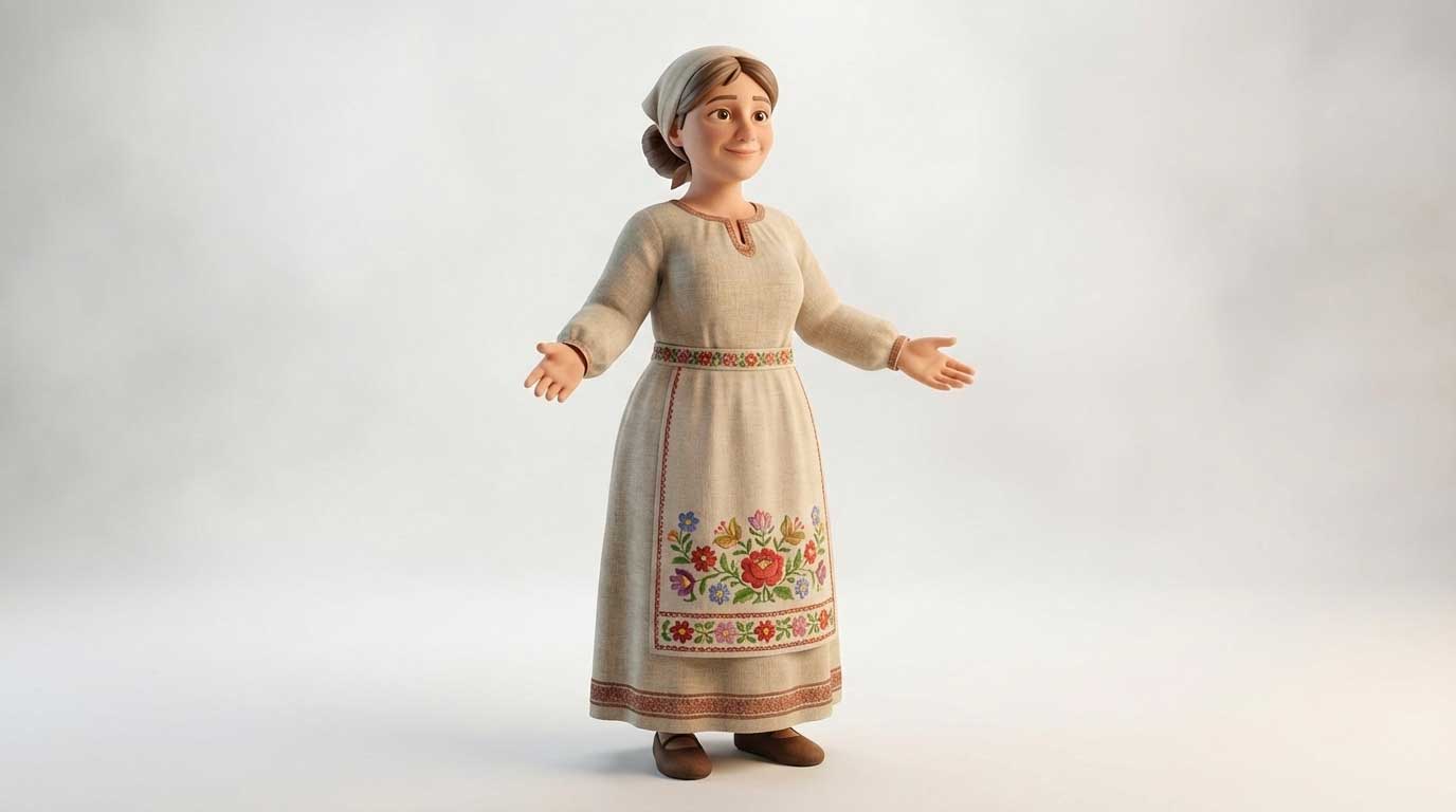 3D AI character design of a kind mother wearing a linen dress and a floral embroidered apron by Inspirious Design