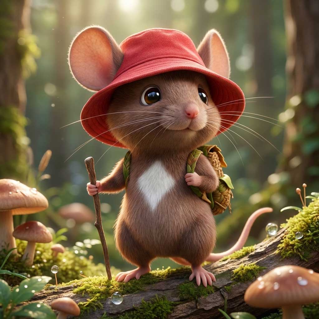3D AI character design of a cute little mouse wearing a red bucket hat and a green woven backpack by Inspirious Design