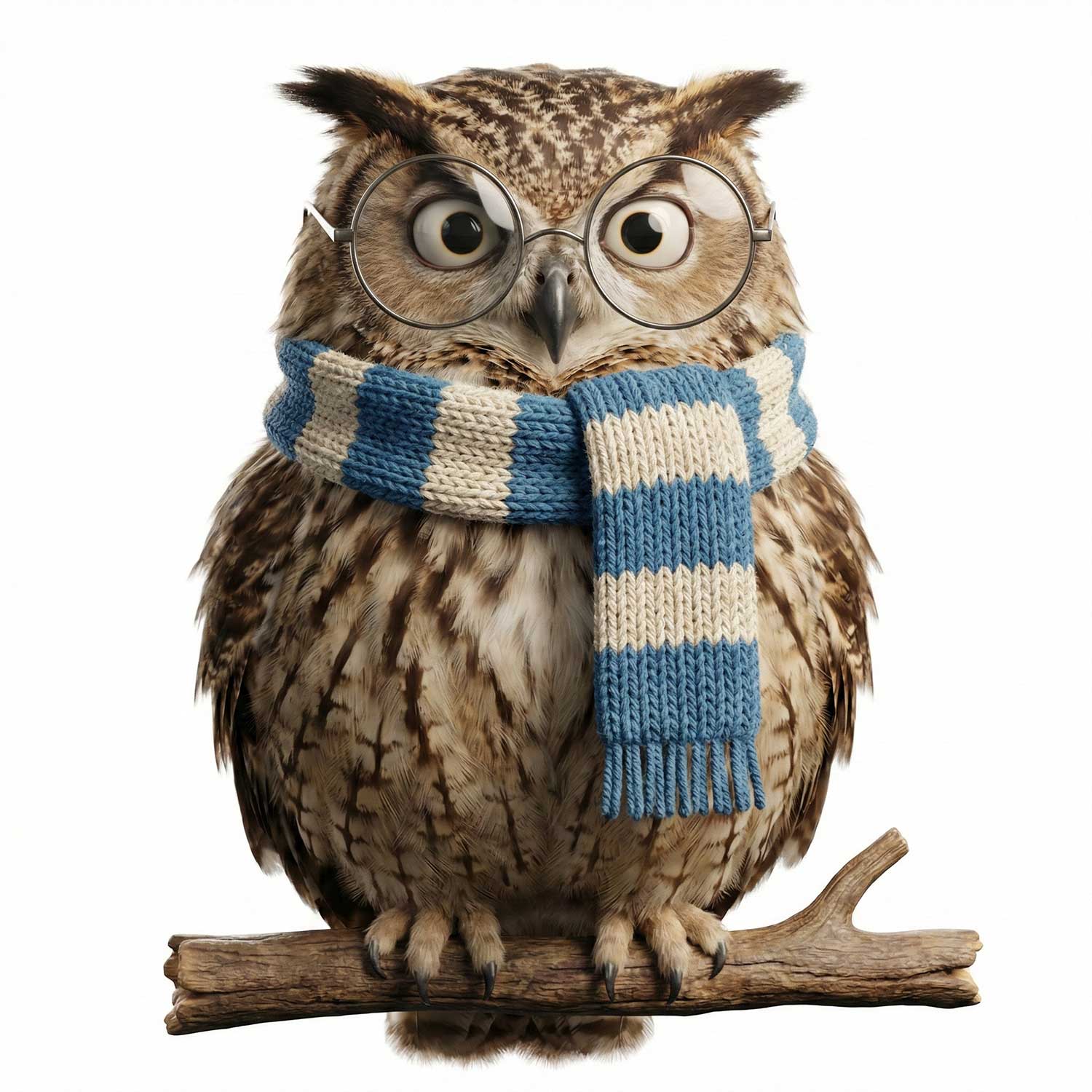 3D AI character design of a fluffy owl wearing glasses and a blue striped scarf sitting on a branch by Inspirious Design