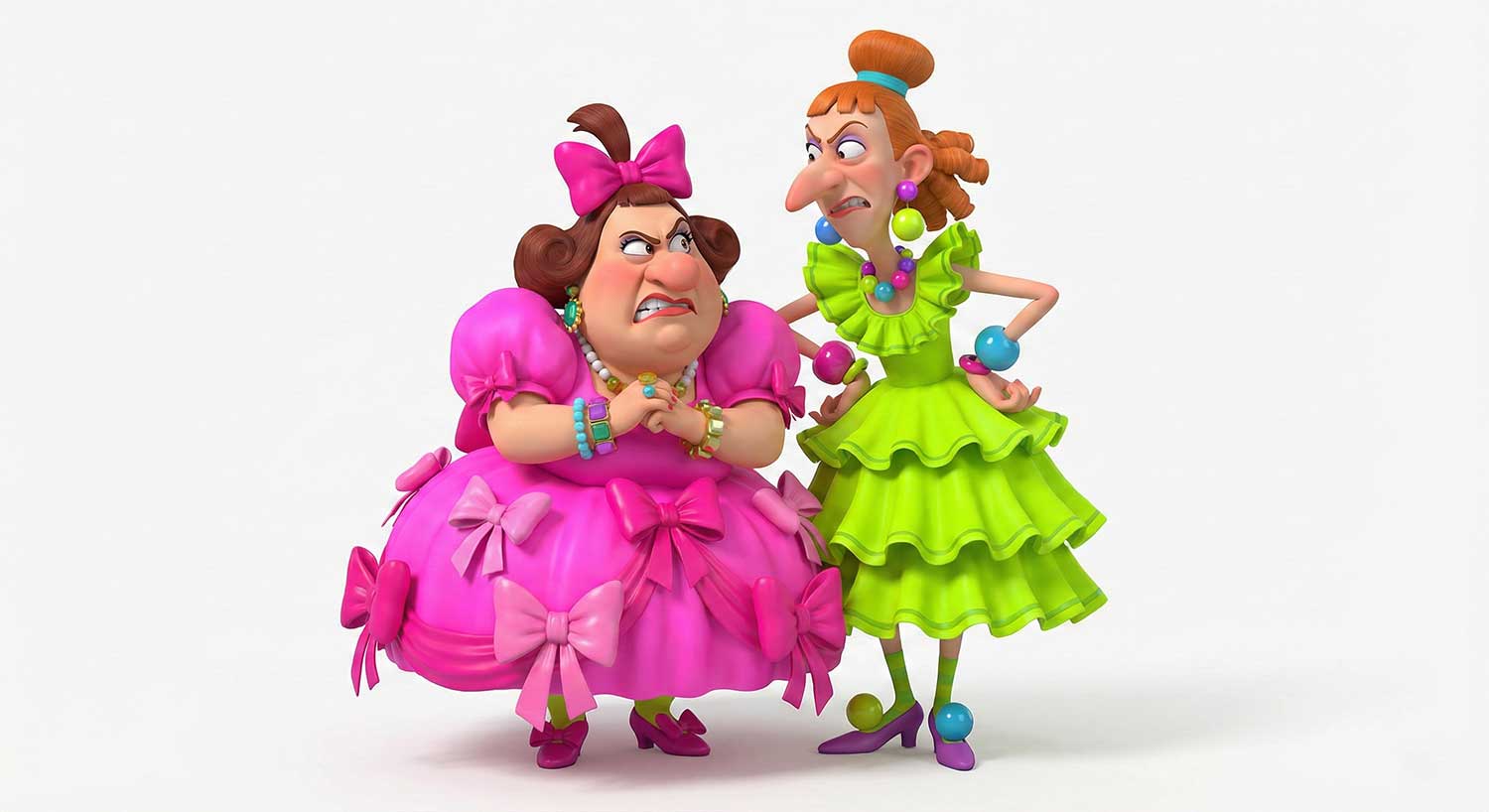 3D AI animated comical stepsisters in neon dresses by Inspirious Design
