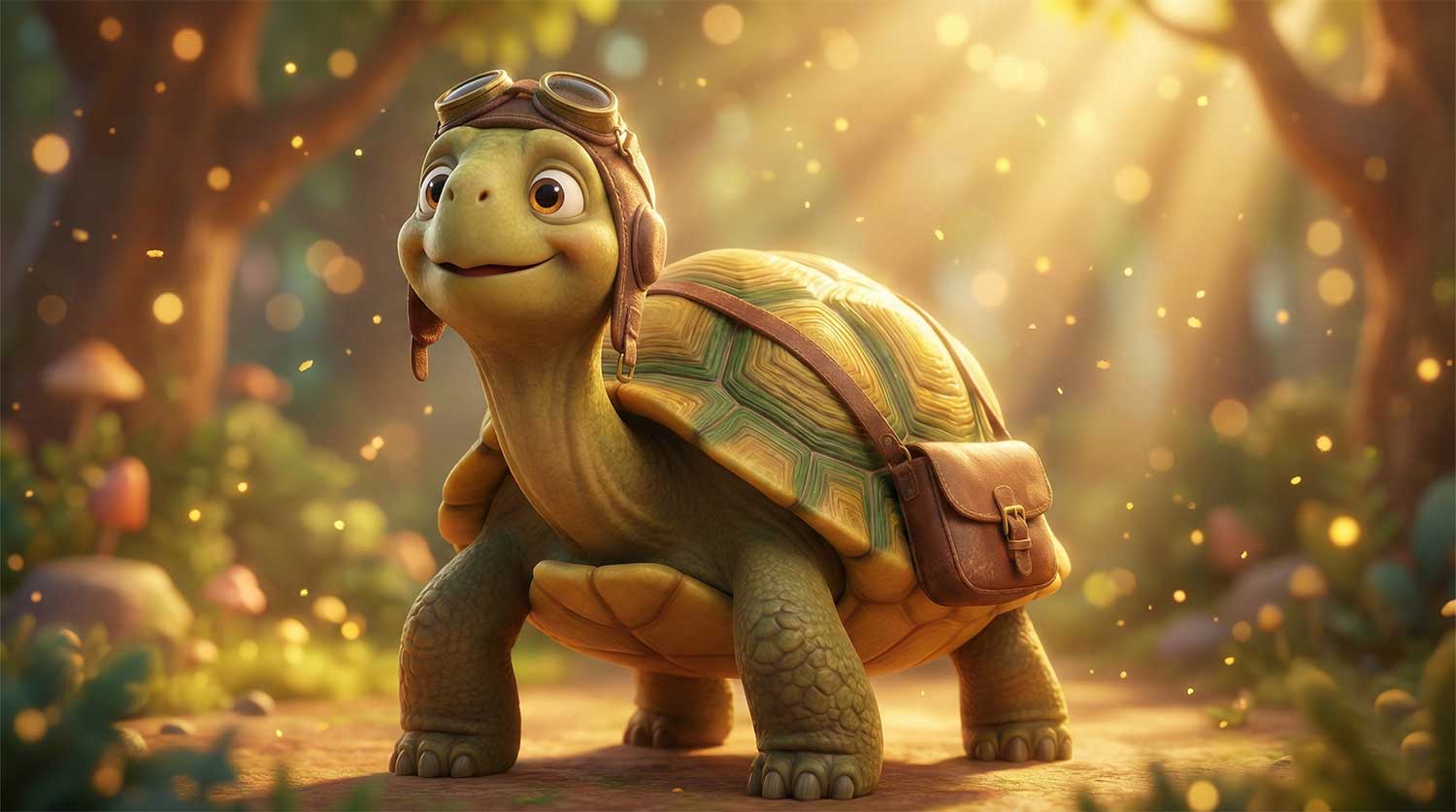 3D AI character design of a smiling tortoise wearing aviator goggles and a leather satchel in a sunlit forest by Inspirious Design