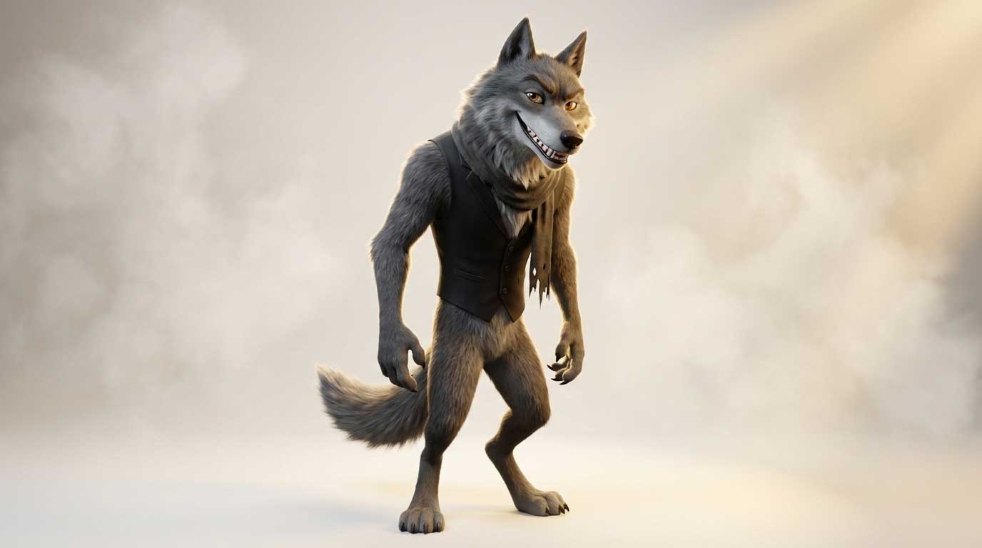3D AI character design of an anthropomorphic grey wolf smirking while wearing a black vest and scarf by Inspirious Design