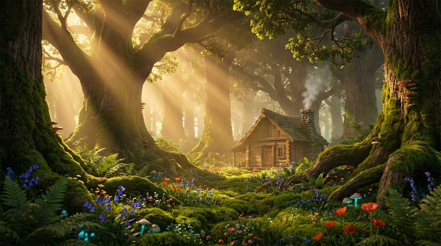 AI generated sunlit enchanted forest and rustic cabin by Inspirious Design