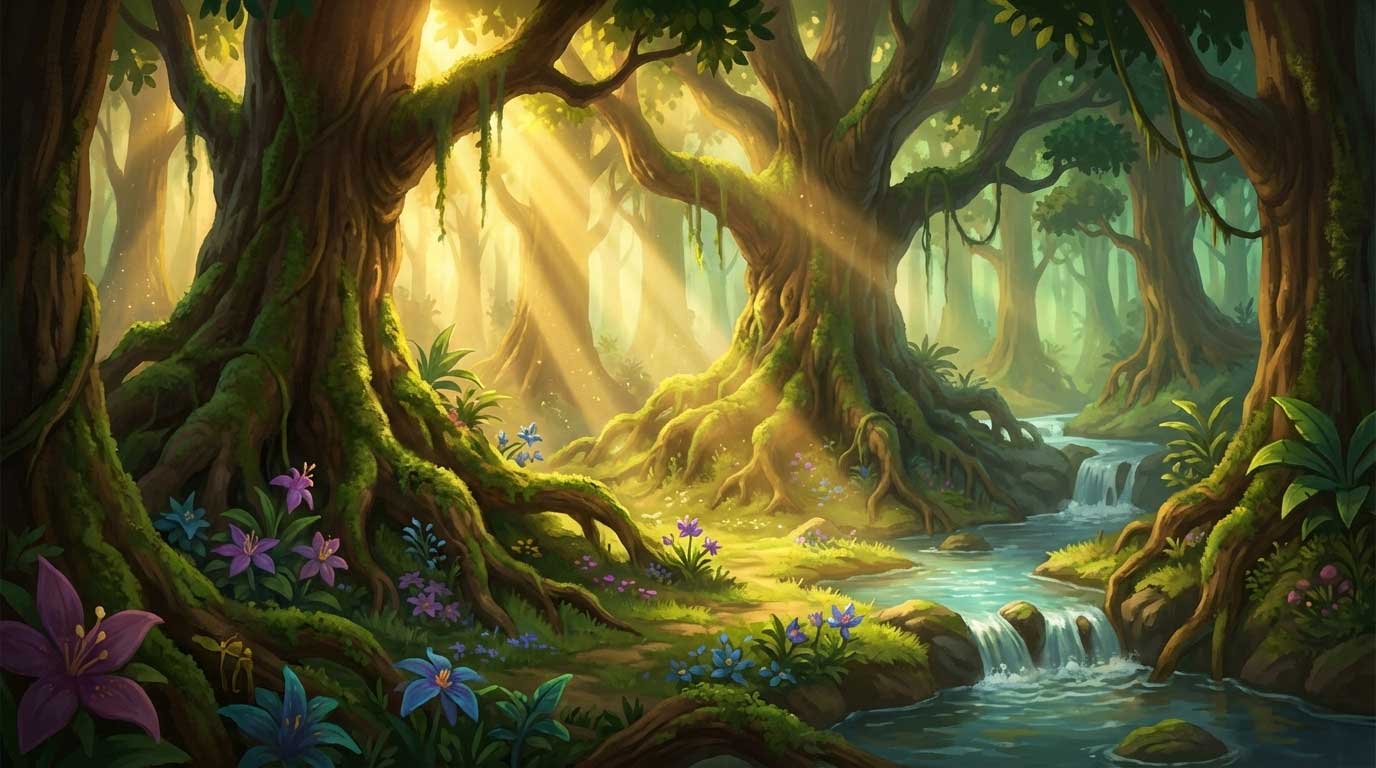 3D AI animated lush green jungle with giant ancient trees and a small flowing river by Inspirious Design