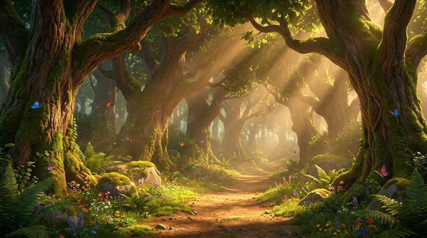 3D AI animated sunlit dirt path winding through ancient mossy trees with glowing butterflies by Inspirious Design