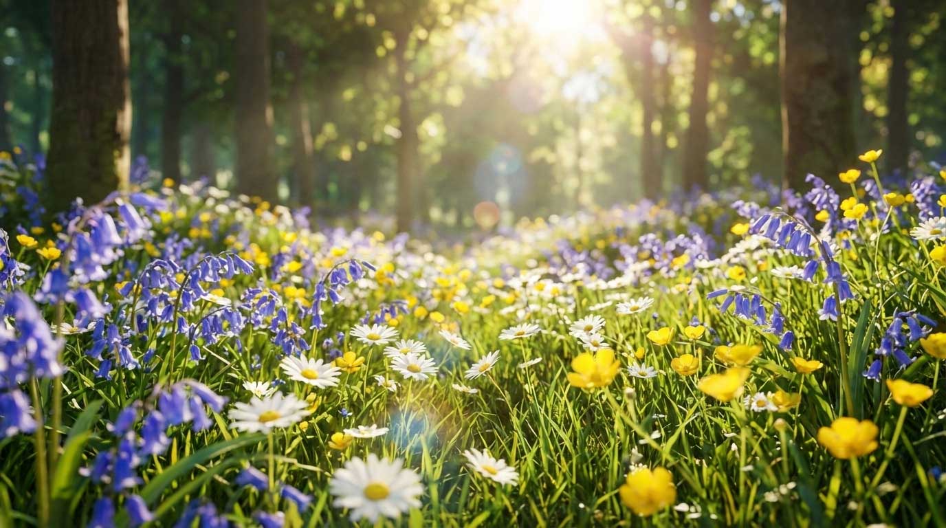 3D AI animated lush green meadow filled with vibrant blue and yellow wildflowers in the sunlight by Inspirious Design