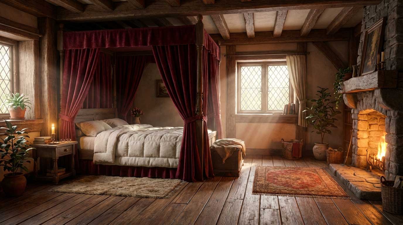 3D AI animated cozy rustic bedroom with a roaring fireplace and a large wooden four-poster bed by Inspirious Design