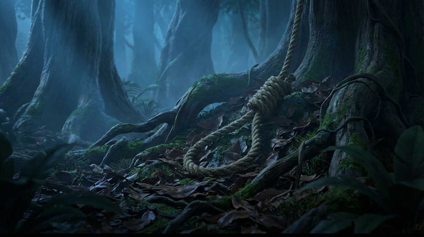 3D AI animated thick rope noose lying on a dark, misty forest floor by Inspirious Design